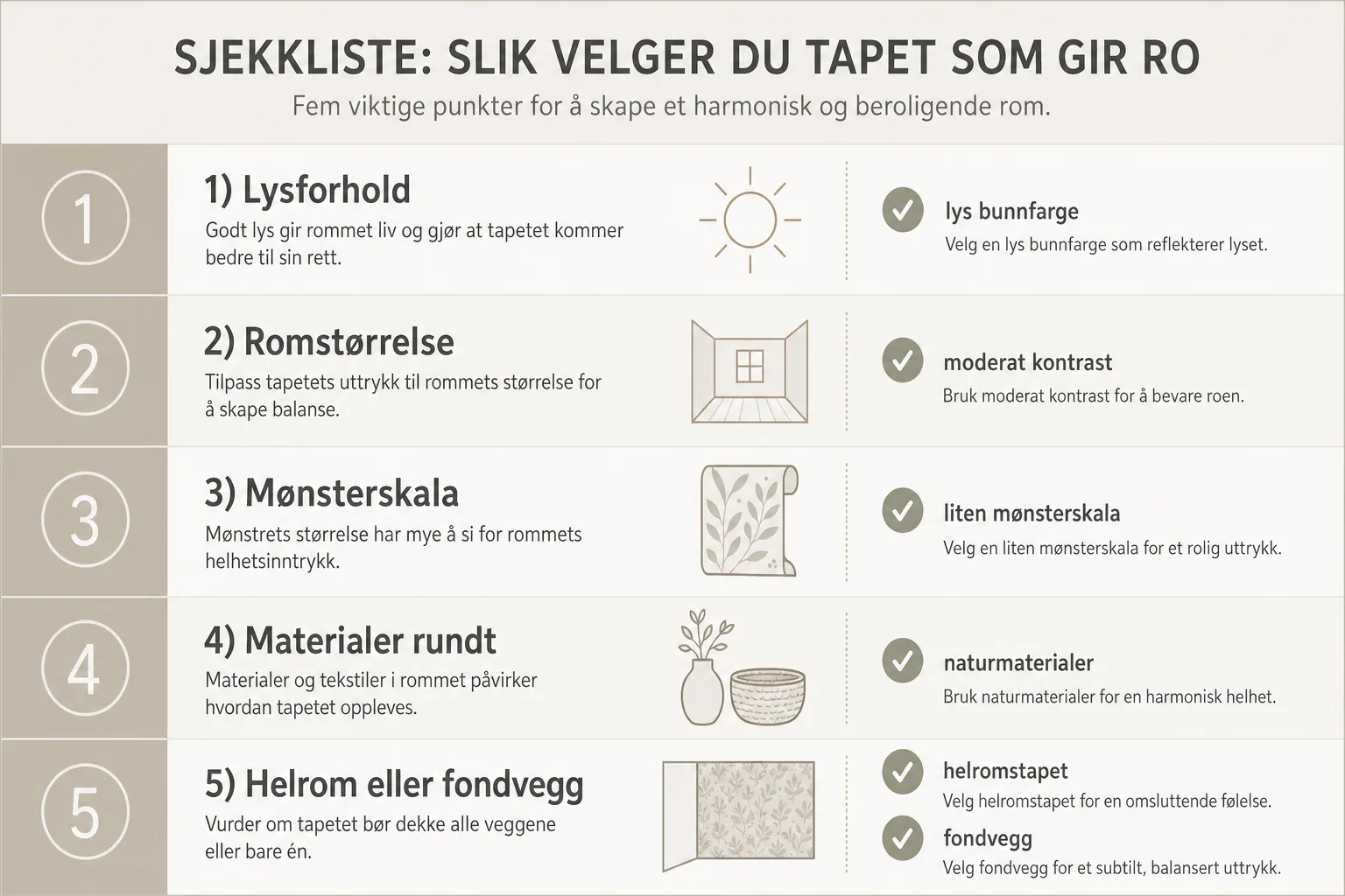 Infografikk med sjekkliste for lys, størrelse, mønsterskala og materialer
