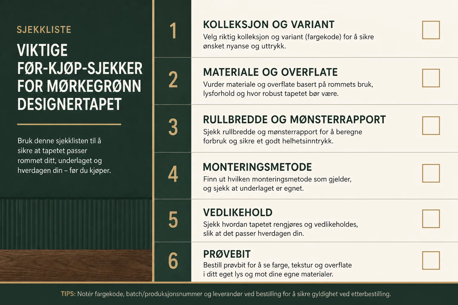 Sjekkliste med seks punkter før kjøp av tapet