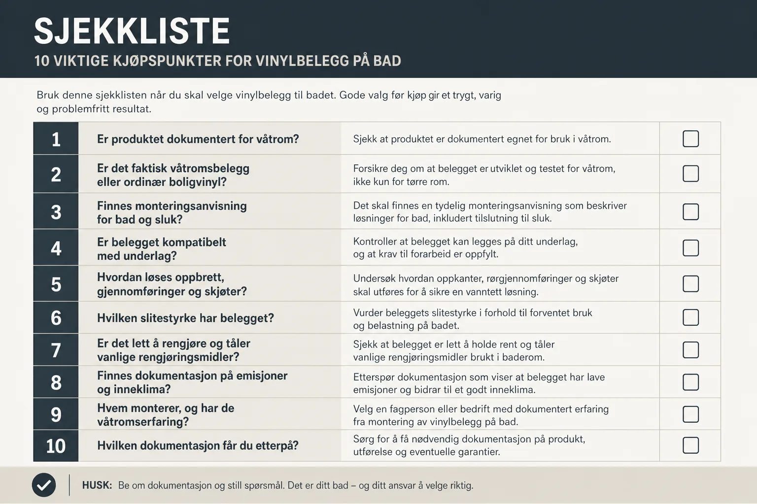 Sjekkliste over hva du må kontrollere før du kjøper vinylbelegg til bad