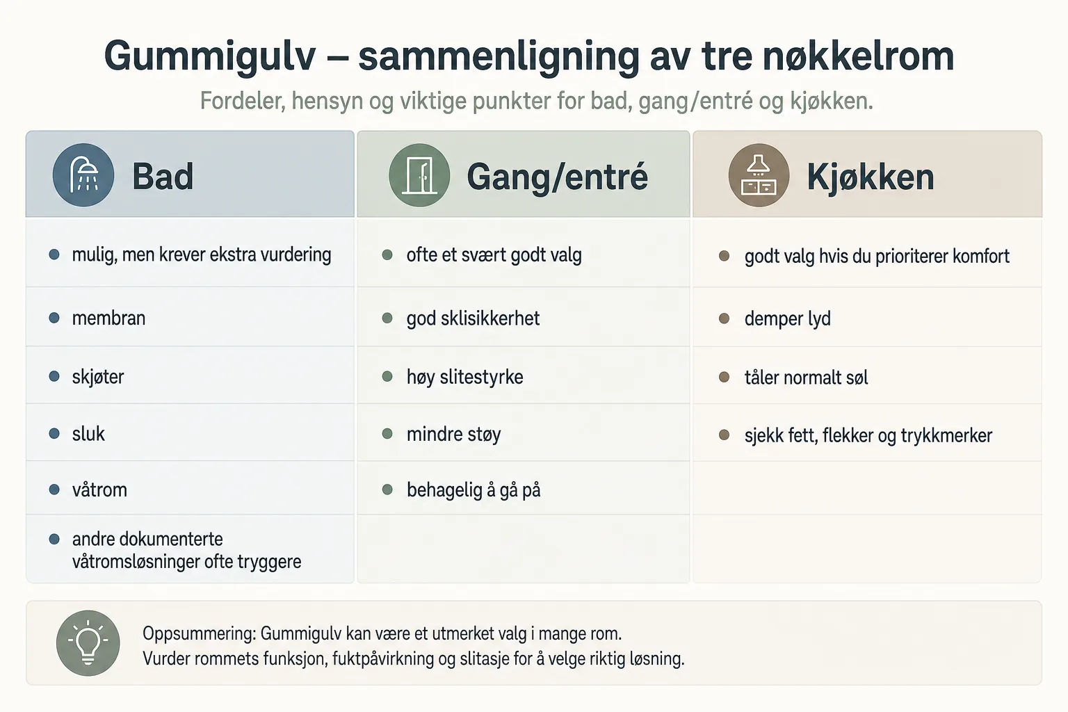 Sammenligning av gummigulv i bad, gang og kjøkken