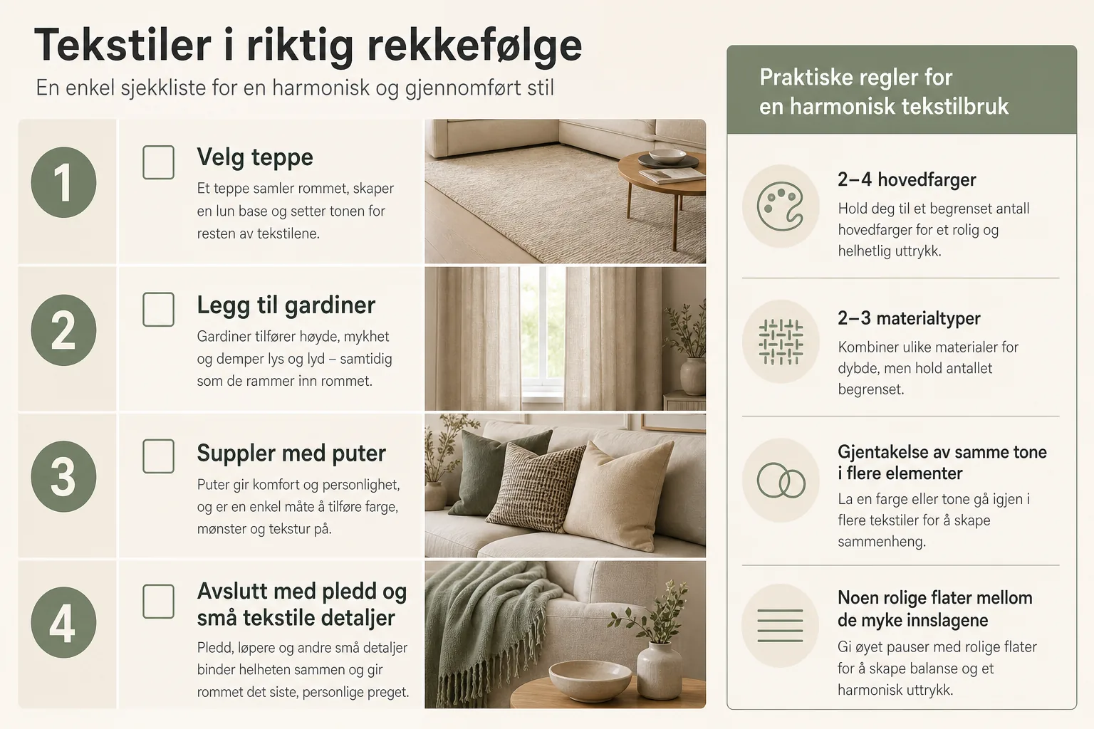 Sjekkliste for å bygge lunhet med teppe, gardiner, puter og pledd