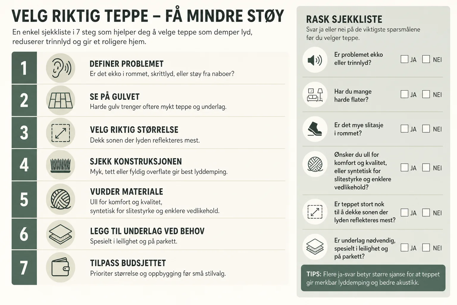 Sjekkliste for å velge teppe til lyd