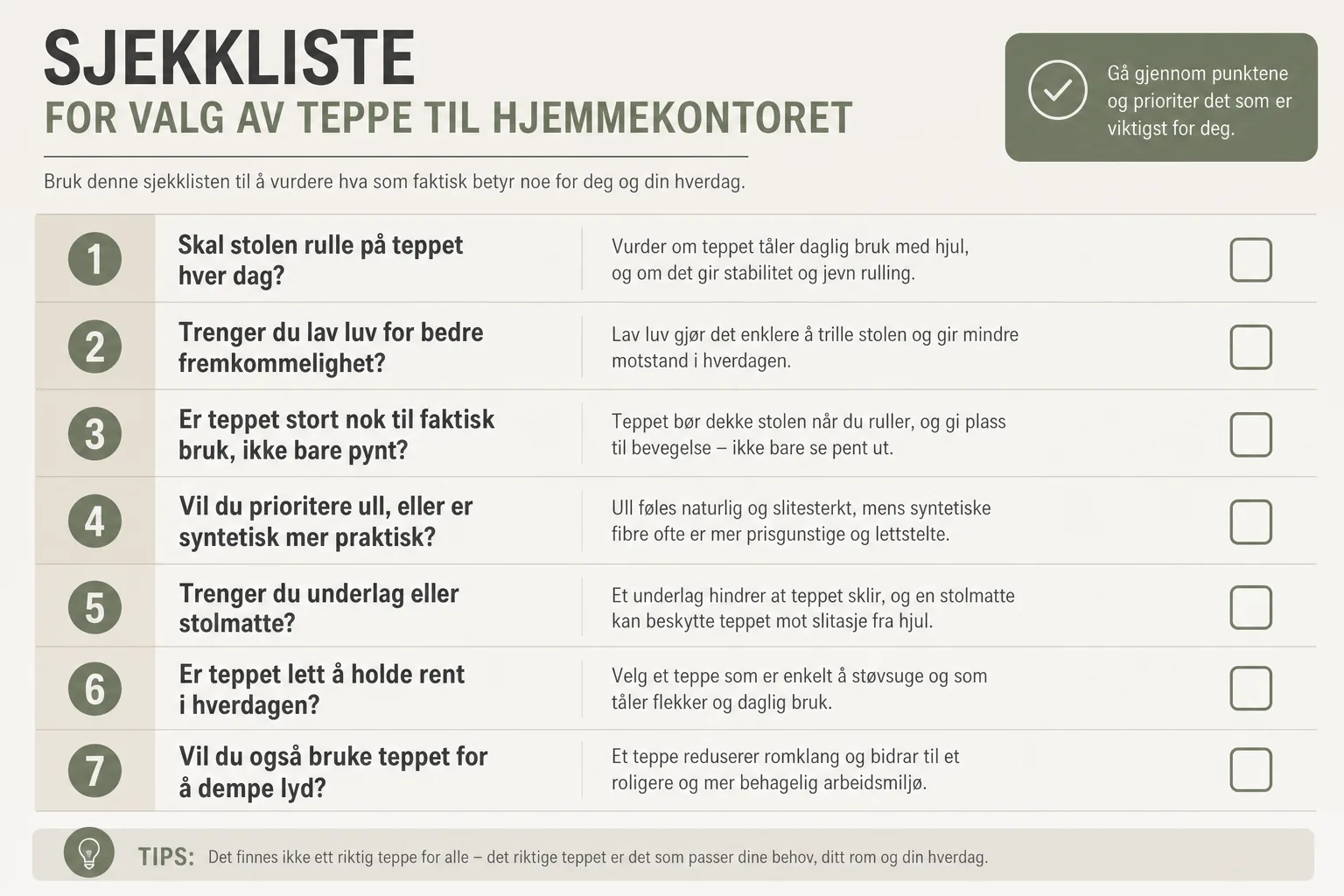 Sjekkliste for valg av teppe til hjemmekontor