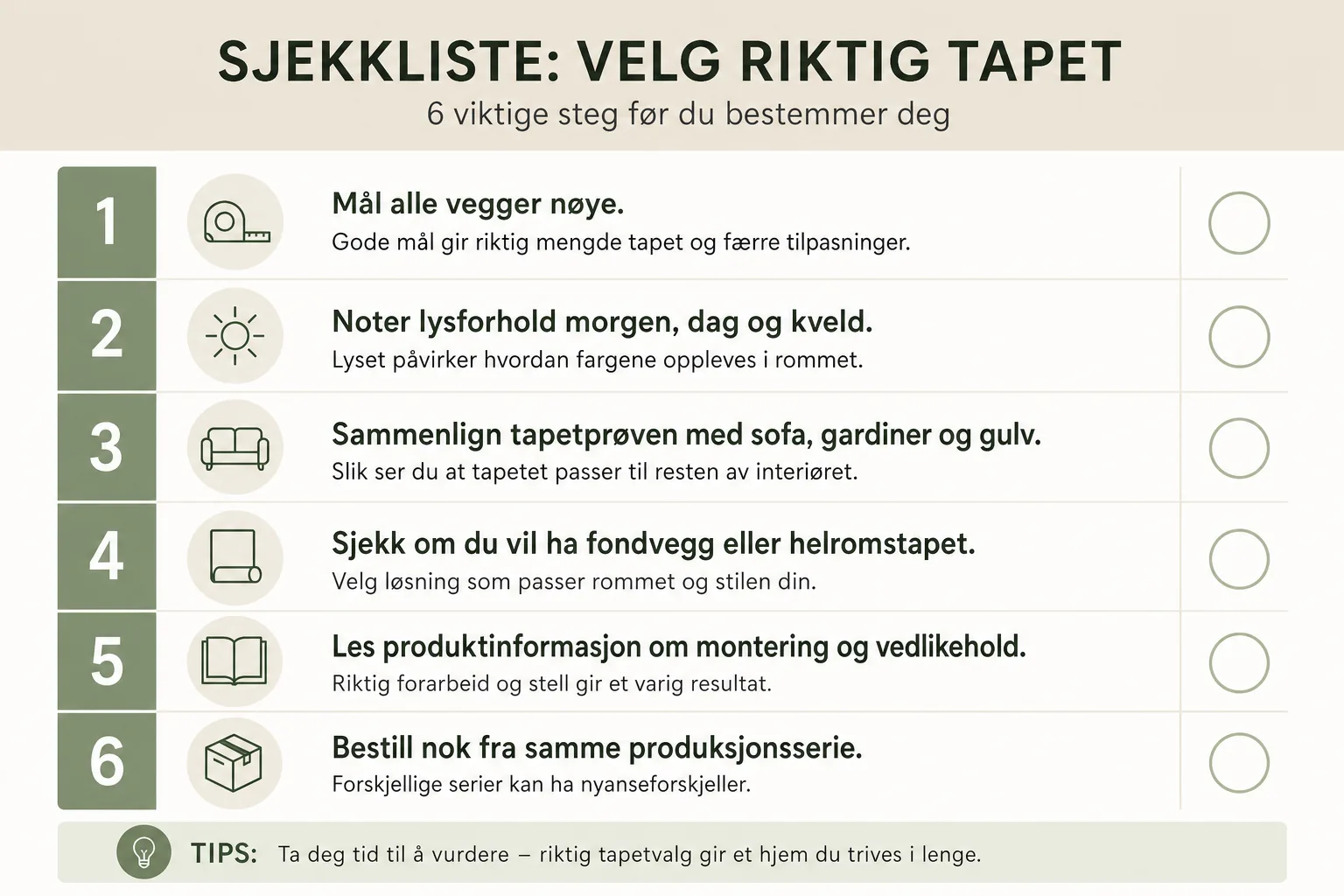 Sjekkliste med seks punkter før du bestiller tapet til stuen